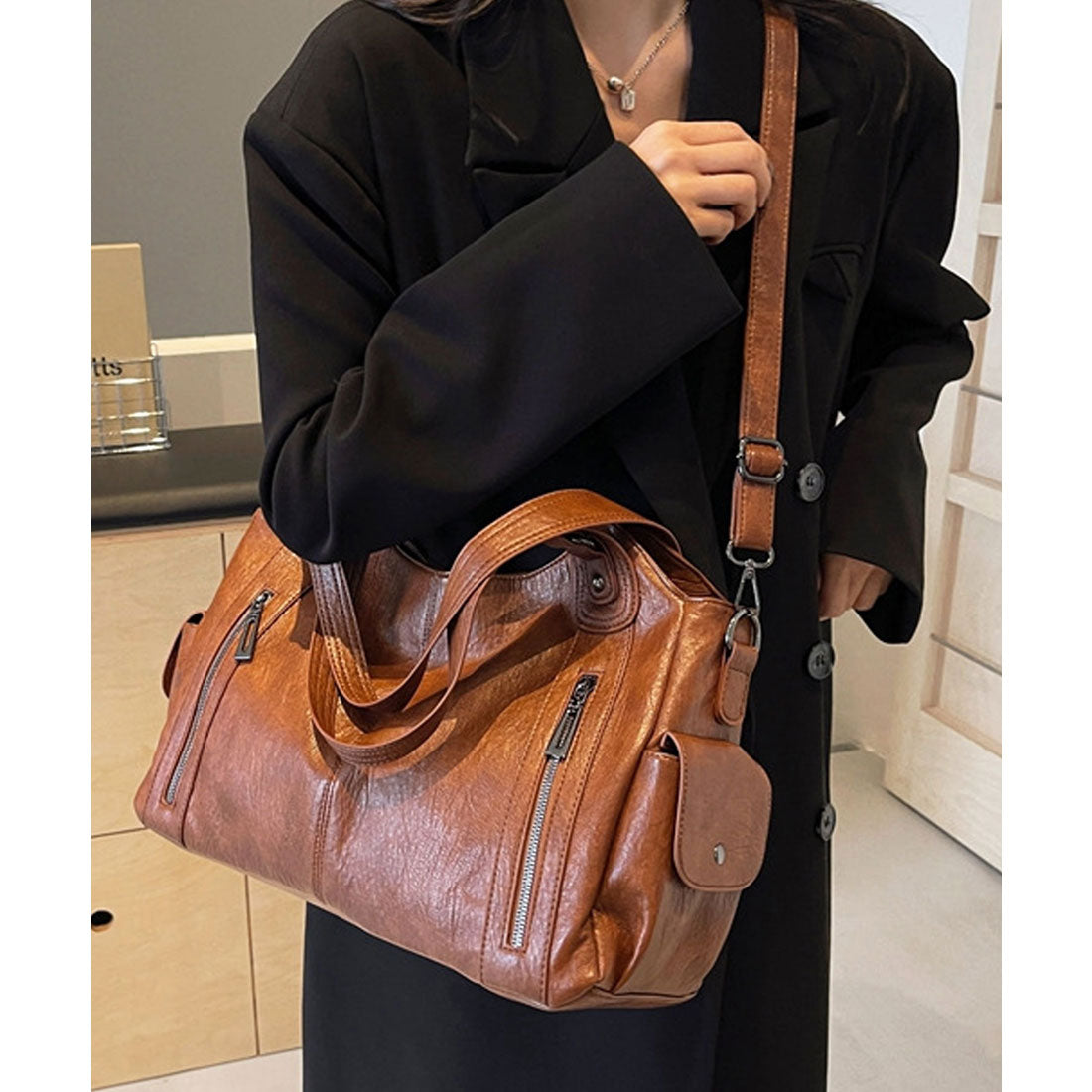 Florge 【2WAY・Multi-pocket】 Leather-like Double Zipper Tote Bag