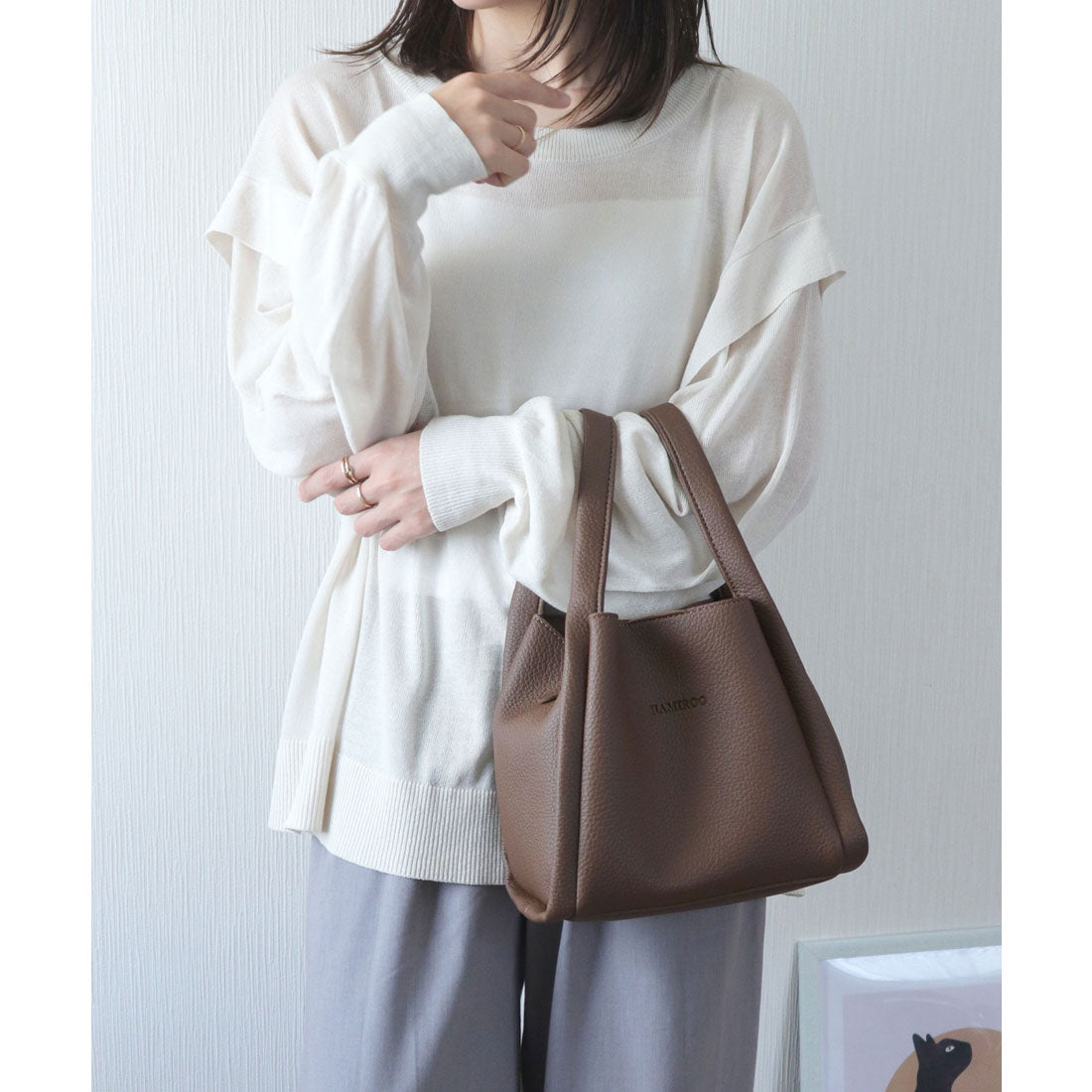 フロージュ florge 【ポーチ付・3点セット】2WAY シュリンクレザーキューブバッグ/ハンドバッグ/ショルダーバッグ （オフホワイト） オフホワイト