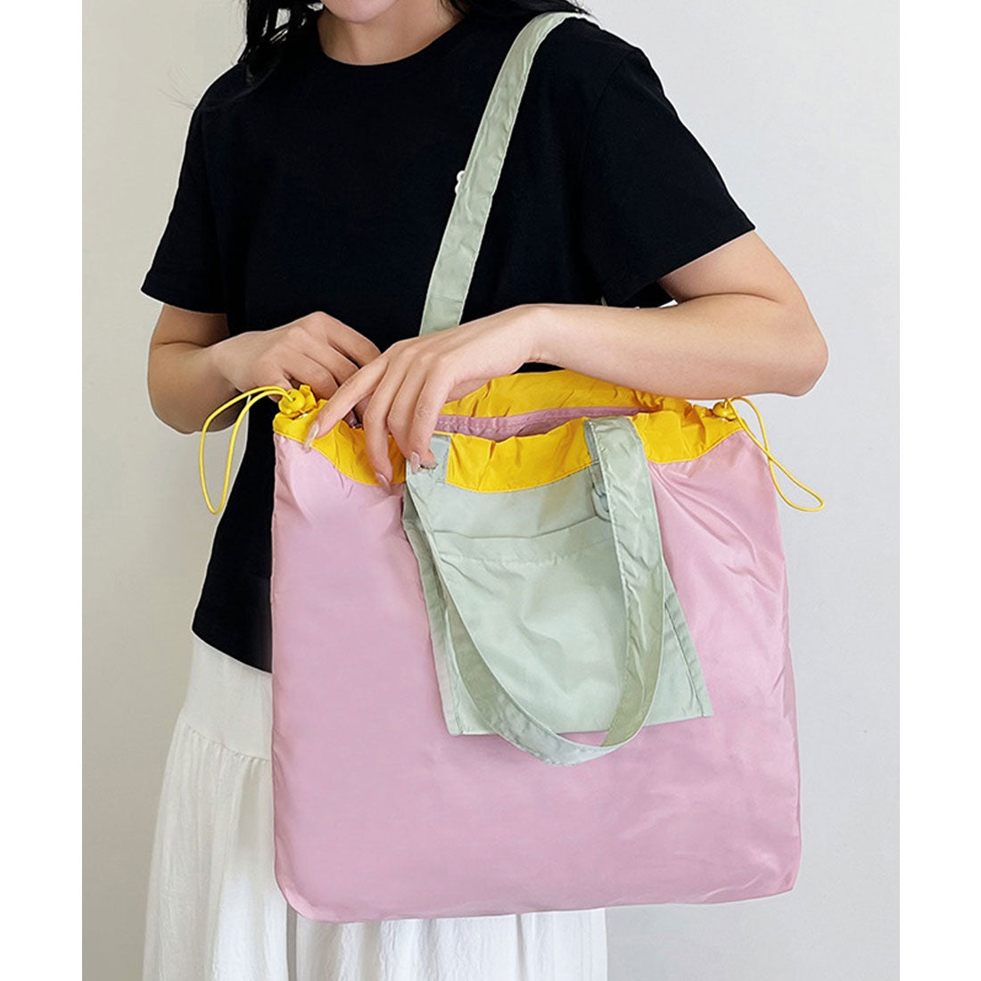 フロージュ florge 【折り畳める・超軽量】 トライカラーポータブルトートバッグ エコバッグ サブバッグ （ピンク×グリーン） ピンク×グリーン