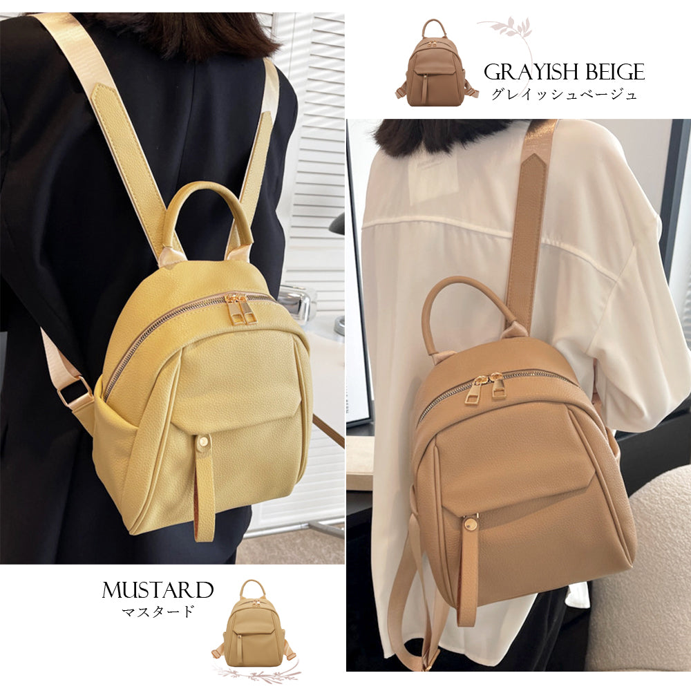 フロージュ florge 【豊富なポケット】【6色展開】ぽってり可愛いソフトレザーミニリュックサック/バックパック （グレイッシュベージュ） グレイッシュベージュ