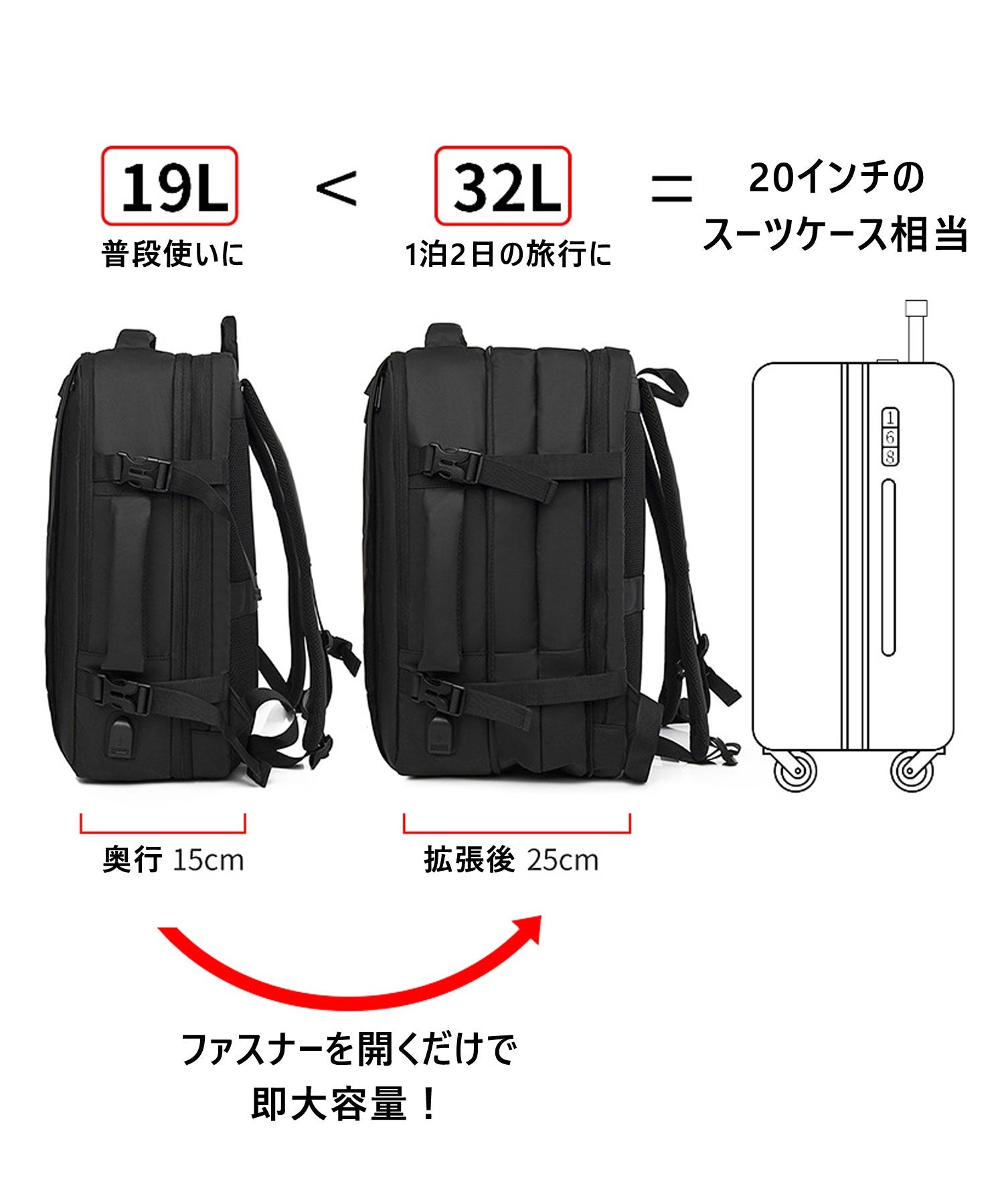 フロージュ florge 【容量拡張ファスナー付】【防水】ボックス型大容量ビジネスリュックサック/バックパック/トラベルバッグ （ブラック） ブラック