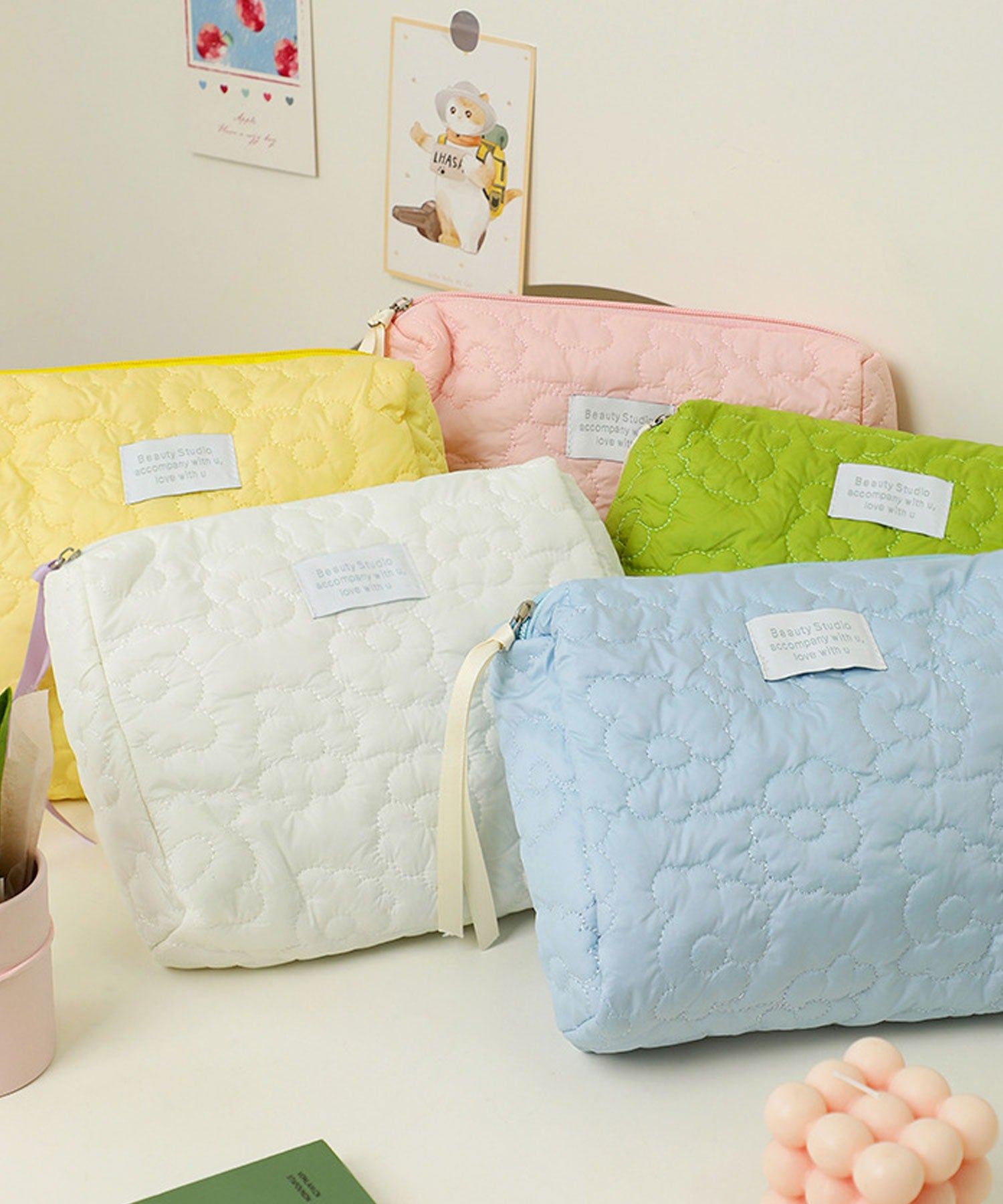 Floge [Large Capacity] Flower Quilted Fluffy Square Pouch/Makeup Pouch/Travel Pouch