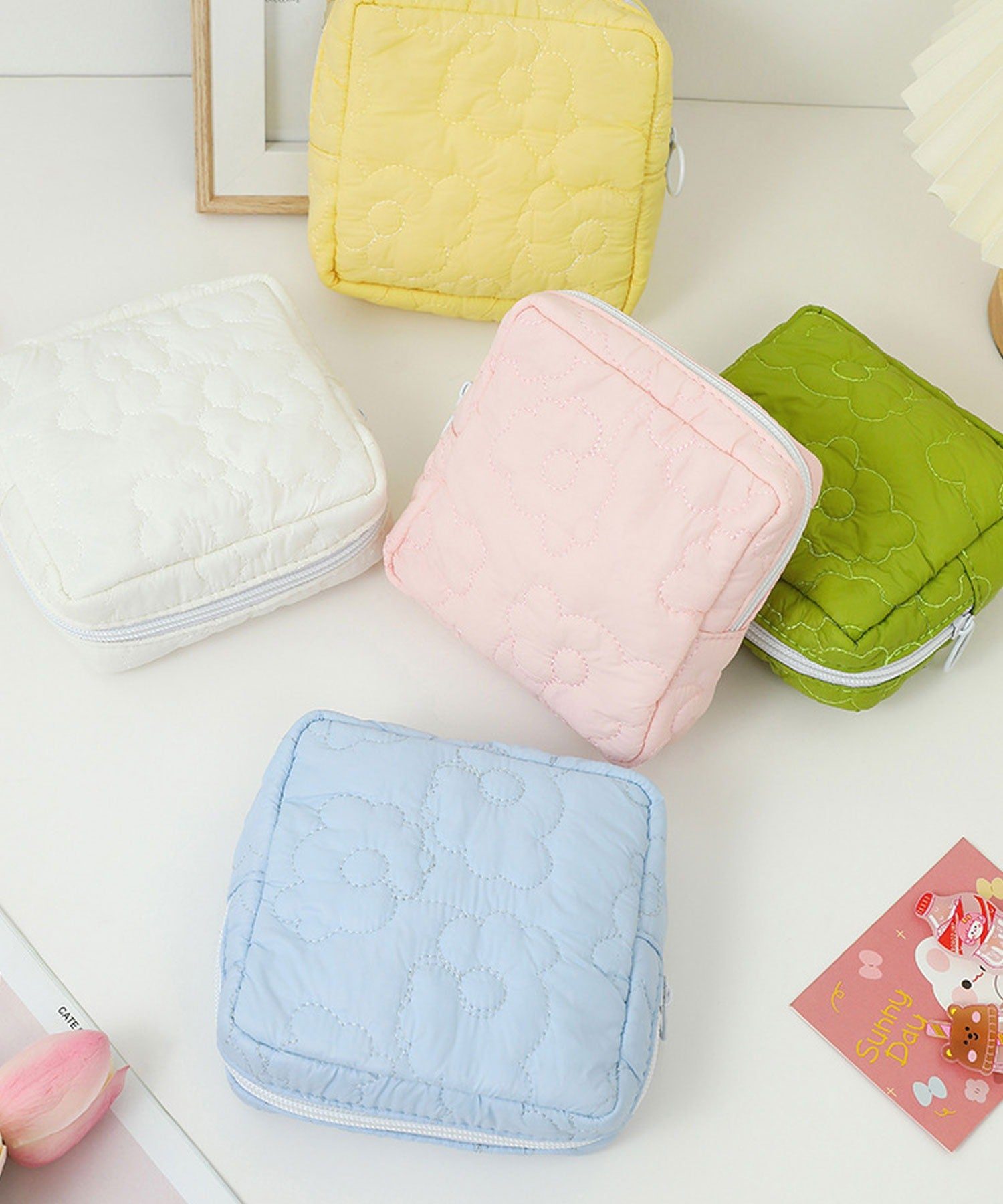 Floge [Large Capacity] Flower Quilted Fluffy Square Pouch/Makeup Pouch/Travel Pouch