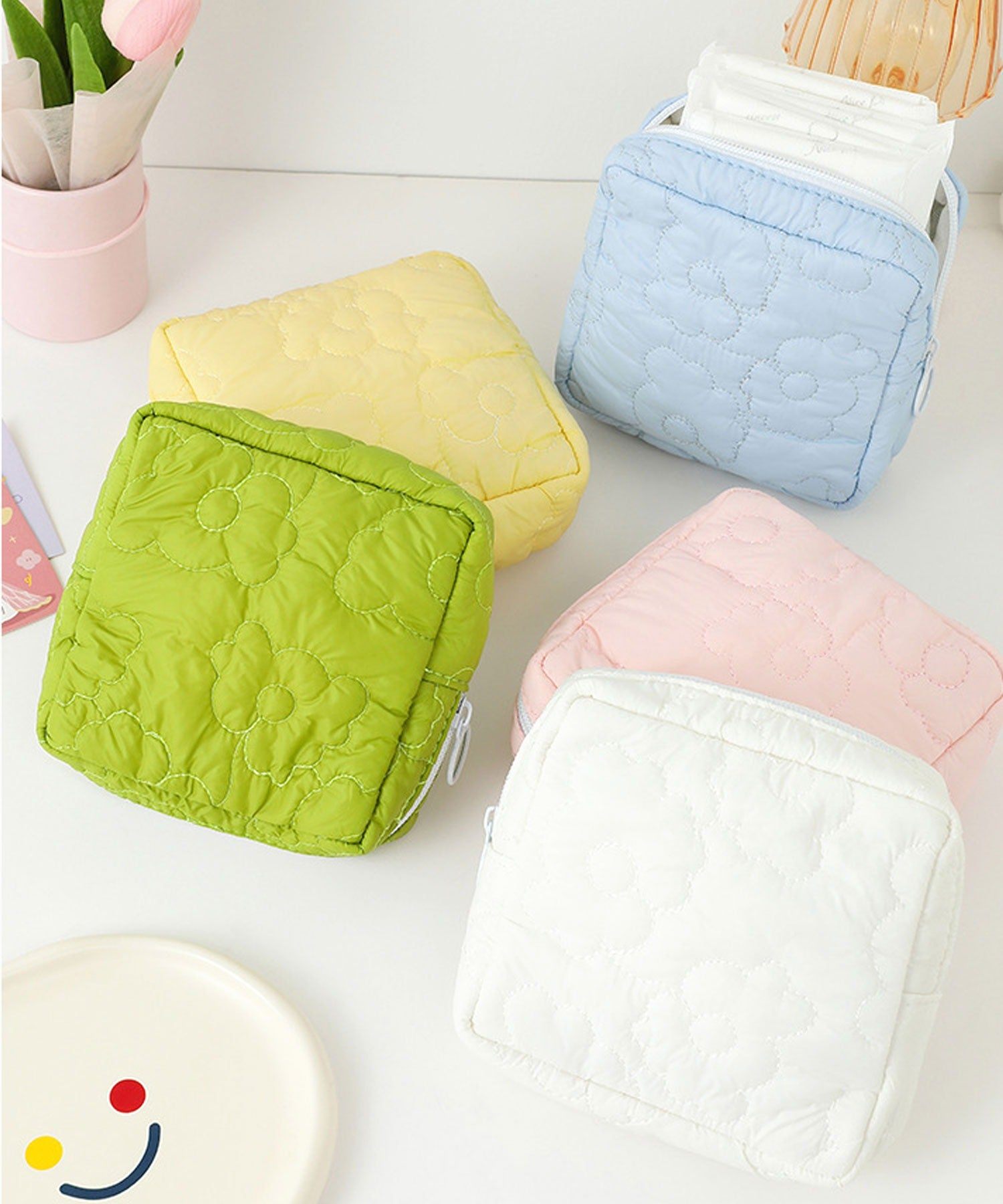 Floge [Large Capacity] Flower Quilted Fluffy Square Pouch/Makeup Pouch/Travel Pouch