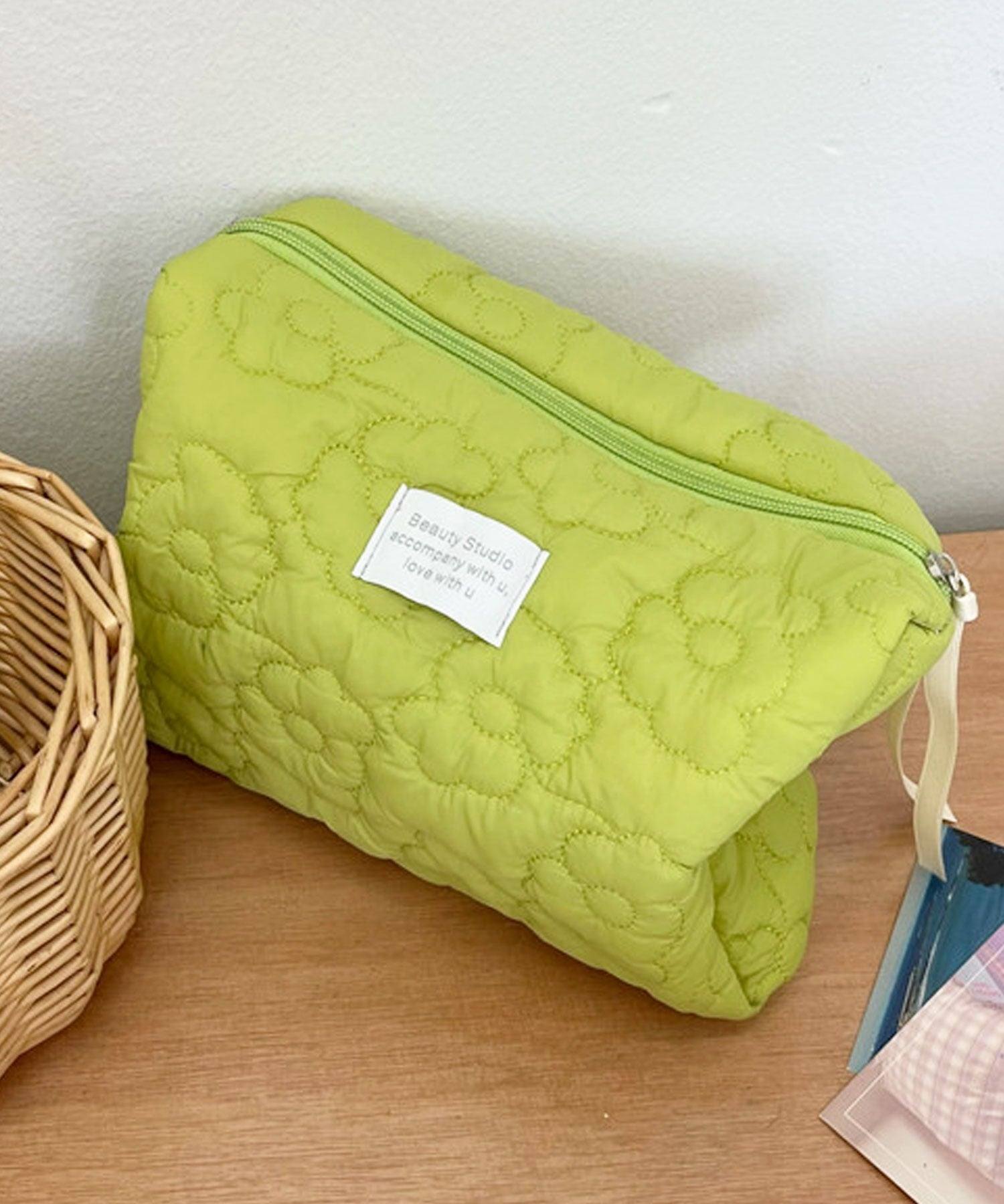 Floge [Large Capacity] Flower Quilted Fluffy Square Pouch/Makeup Pouch/Travel Pouch