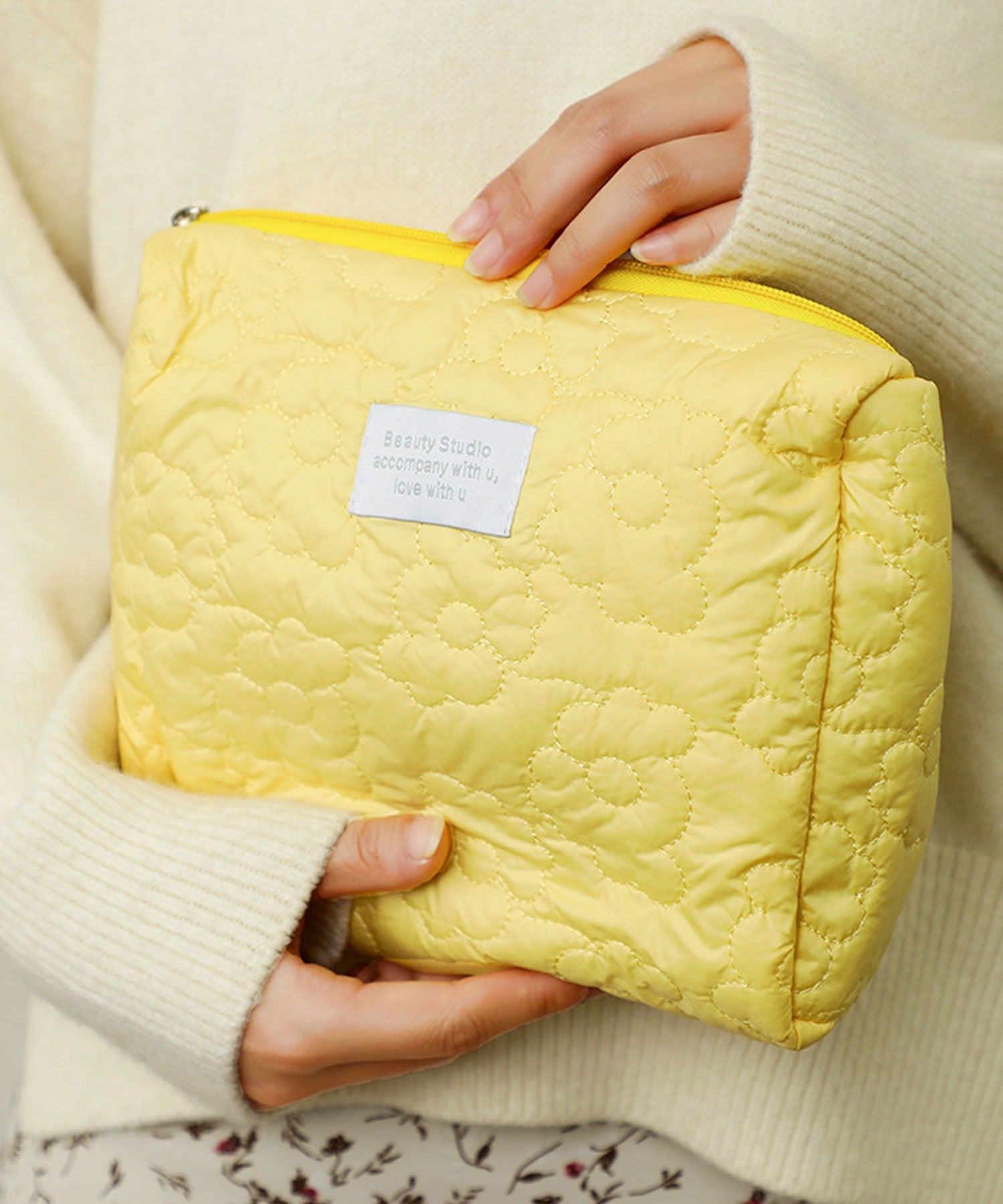 Floge [Large Capacity] Flower Quilted Fluffy Square Pouch/Makeup Pouch/Travel Pouch