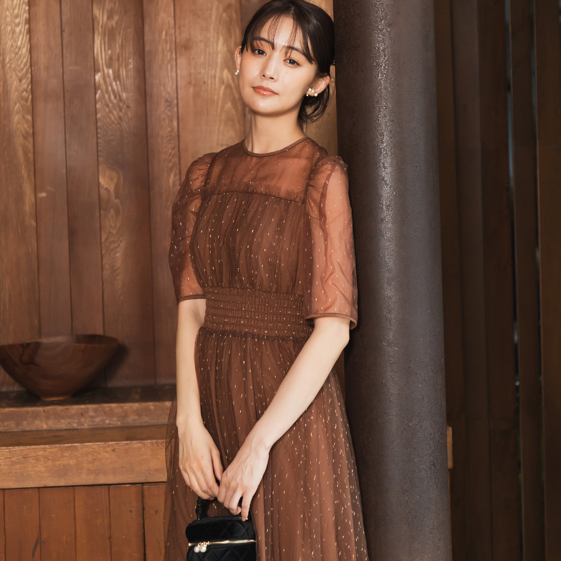 フォルムフォルマ form forma 【chaco】ラメドット シャーリングデザインドレス/結婚式/パーティー/お呼ばれ （ブラウン） ブラウン