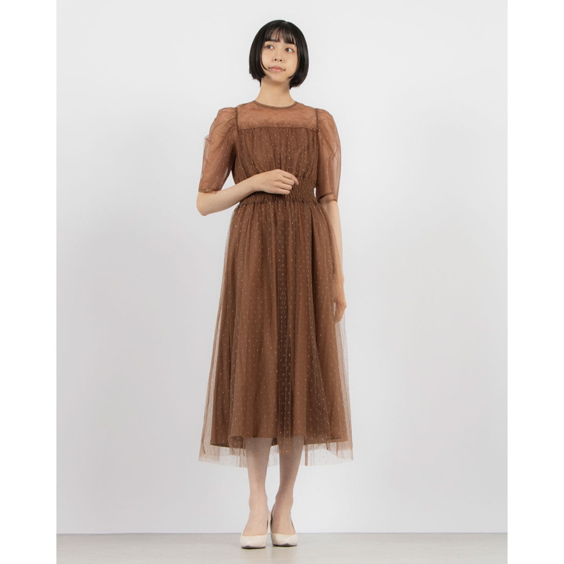 フォルムフォルマ form forma 【chaco】ラメドット シャーリングデザインドレス/結婚式/パーティー/お呼ばれ （ブラウン） ブラウン