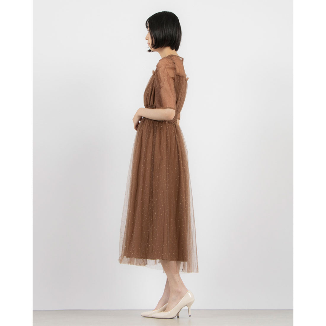 フォルムフォルマ form forma 【chaco】ラメドット シャーリングデザインドレス/結婚式/パーティー/お呼ばれ （ブラウン） ブラウン