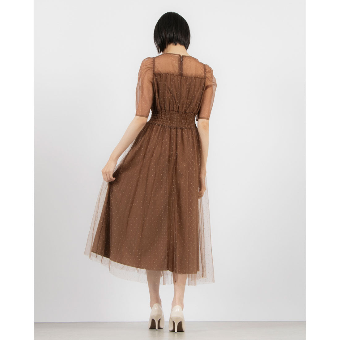 フォルムフォルマ form forma 【chaco】ラメドット シャーリングデザインドレス/結婚式/パーティー/お呼ばれ （ブラウン） ブラウン