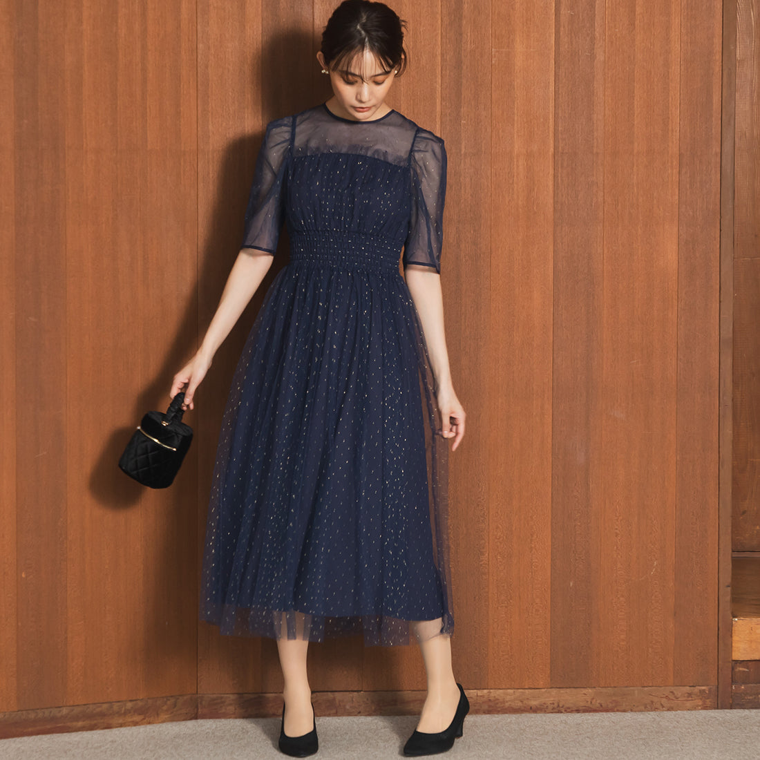 フォルムフォルマ form forma 【chaco】ラメドット シャーリングデザインドレス/結婚式/パーティー/お呼ばれ （ネイビー） ネイビー