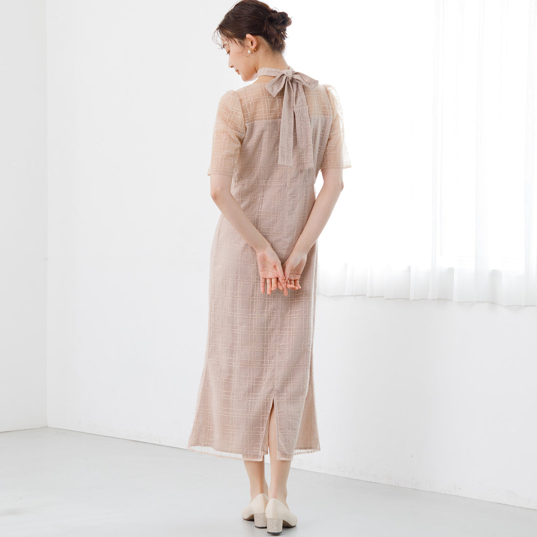 フォルムフォルマ form forma 【kaene】チェックレース×チョーカー付きドレス/結婚式/パーティー/お呼ばれ （ベージュ） ベージュ