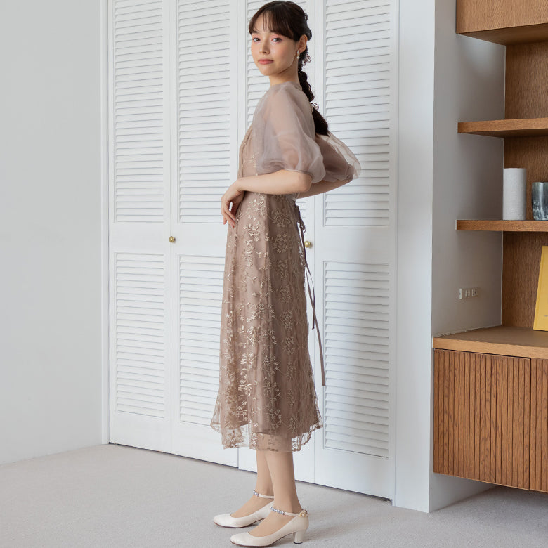 フォルムフォルマ form forma 【小柄さんに人気】オーガンジーパフスリーブ フラワー刺繍レースドレス/結婚式/パーティー/クルージング/発表会 （グリーン） グリーン