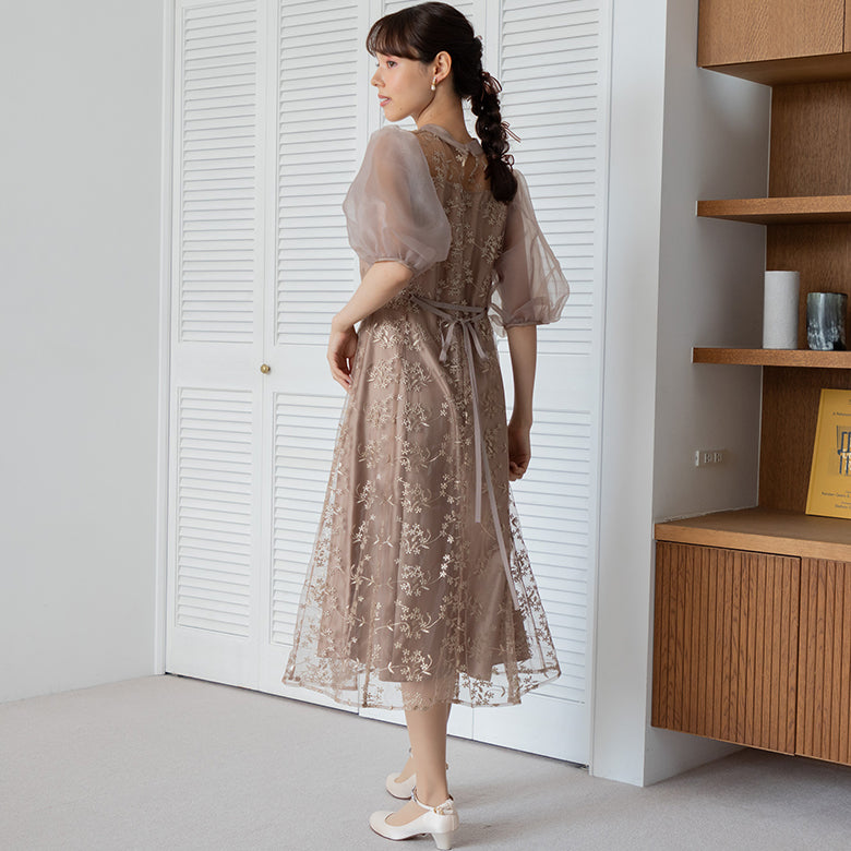 フォルムフォルマ form forma 【小柄さんに人気】オーガンジーパフスリーブ フラワー刺繍レースドレス/結婚式/パーティー/クルージング/発表会 （グリーン） グリーン