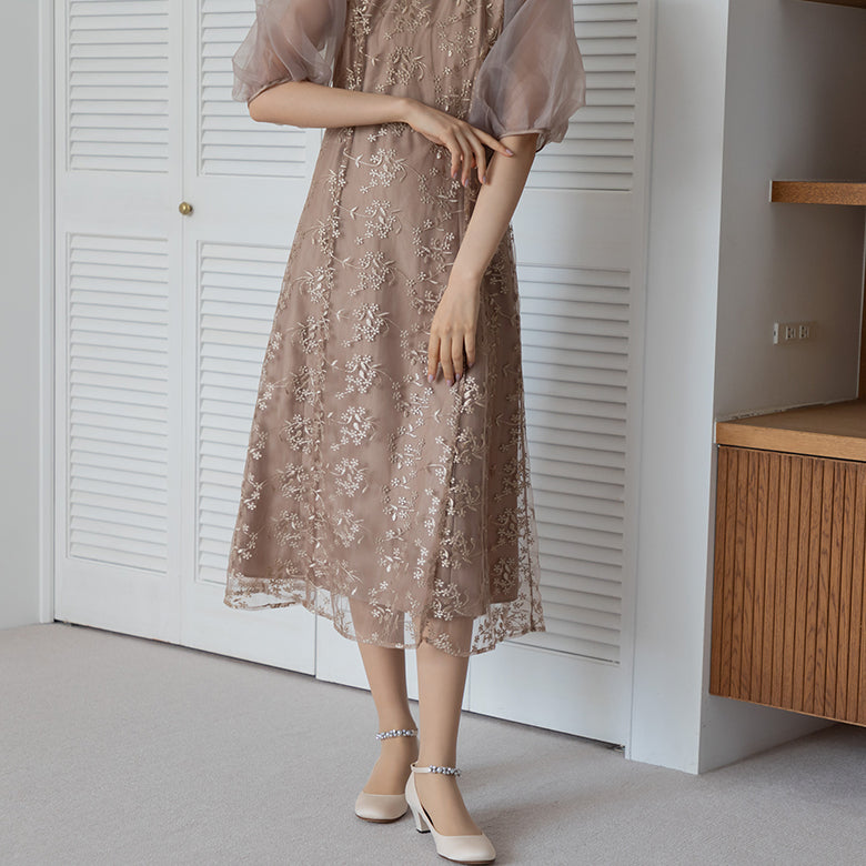 フォルムフォルマ form forma 【小柄さんに人気】オーガンジーパフスリーブ フラワー刺繍レースドレス/結婚式/パーティー/クルージング/発表会 （グリーン） グリーン