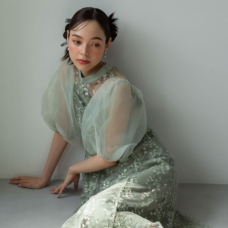 フォルムフォルマ form forma 【小柄さんに人気】オーガンジーパフスリーブ フラワー刺繍レースドレス/結婚式/パーティー/クルージング/発表会 （グリーン） グリーン