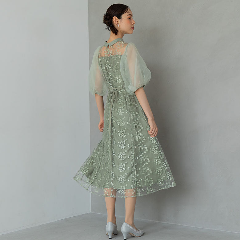フォルムフォルマ form forma 【小柄さんに人気】オーガンジーパフスリーブ フラワー刺繍レースドレス/結婚式/パーティー/クルージング/発表会 （グリーン） グリーン