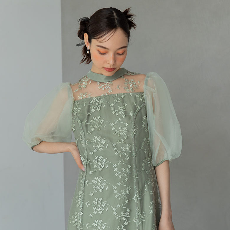フォルムフォルマ form forma 【小柄さんに人気】オーガンジーパフスリーブ フラワー刺繍レースドレス/結婚式/パーティー/クルージング/発表会 （グリーン） グリーン