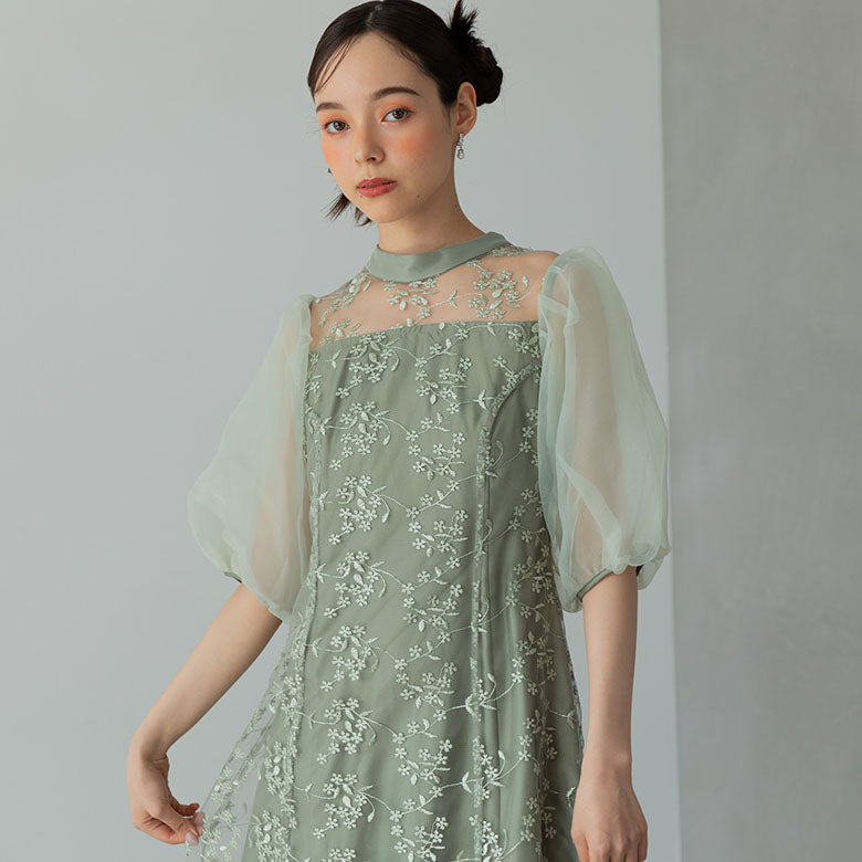 フォルムフォルマ form forma 【小柄さんに人気】オーガンジーパフスリーブ フラワー刺繍レースドレス/結婚式/パーティー/クルージング/発表会 （グリーン） グリーン