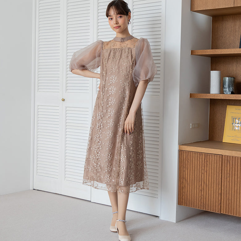 フォルムフォルマ form forma 【小柄さんに人気】オーガンジーパフスリーブ フラワー刺繍レースドレス/結婚式/パーティー/クルージング/発表会 （ブラウン） ブラウン