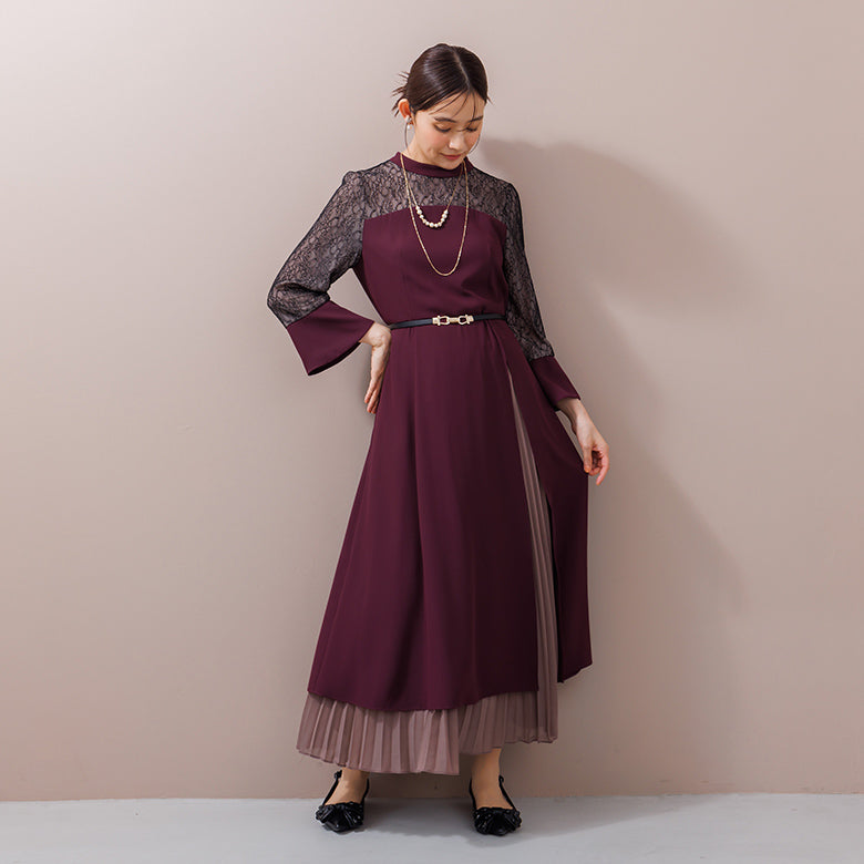 フォルムフォルマ form forma 《ゼクシィ掲載》スタンドカラー スリットワンピース+プリーツスカート/セットアップ （ワイン） ワイン