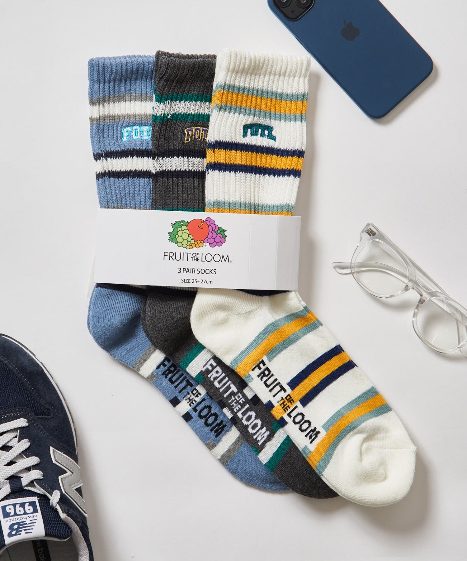 フルーツオブザルーム FRUIT OF THE LOOM 3Pボーダー刺繍ソックス 81009300 （マルチ） マルチ