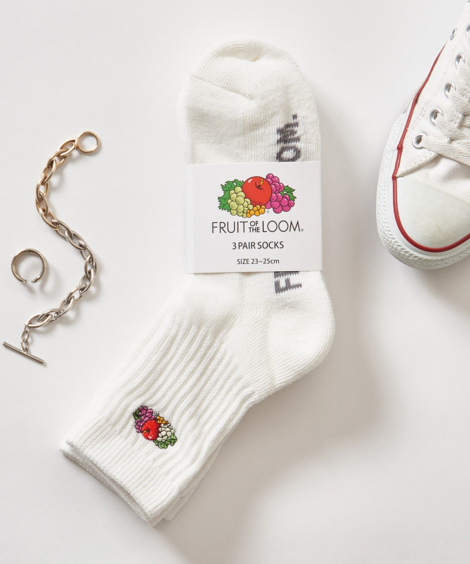 フルーツオブザルーム FRUIT OF THE LOOM 底パイル刺繍 リブクルーソックス3足セット 16309000 （ホワイト） ホワイト