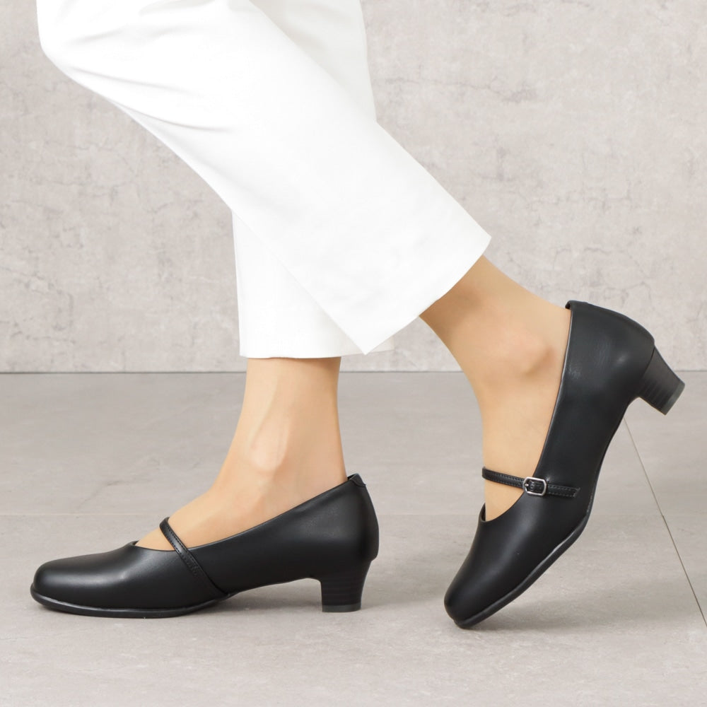 幅広 4E 防水 ストラップパンプス ＜3.5cmヒール＞ 【21.5cm～25.5cm】 FR-1108 fuwaraku BLK