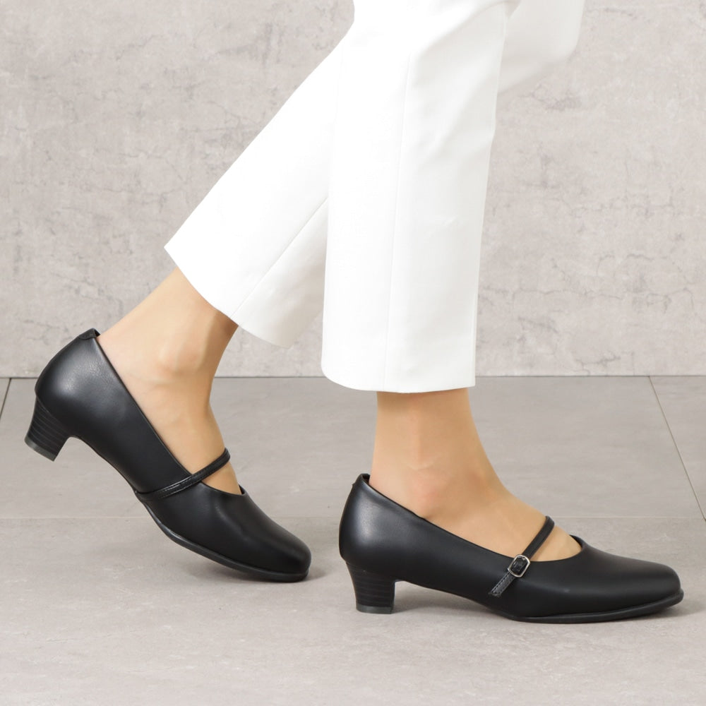 幅広 4E 防水 ストラップパンプス ＜3.5cmヒール＞ 【21.5cm～25.5cm】 FR-1108 fuwaraku BLK