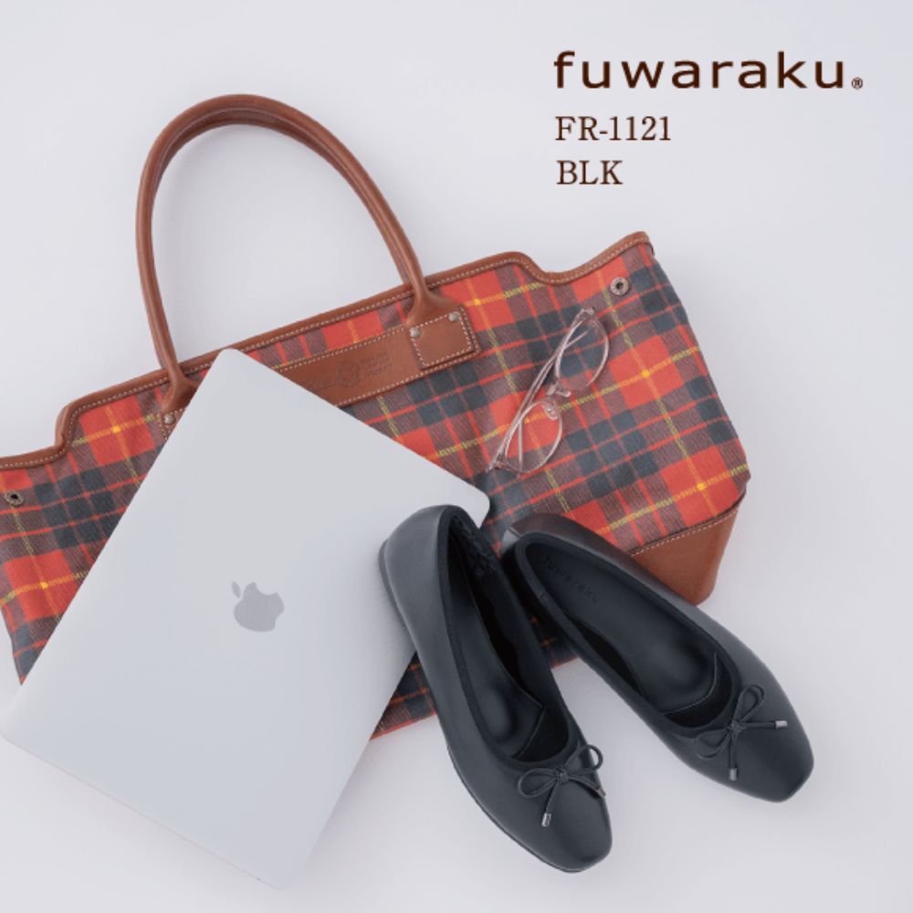 幅広 3E 防水 バレエパンプス ＜1.0cmヒール＞ 【22.0cm～25.0cm】 FR-1121 fuwaraku BLK