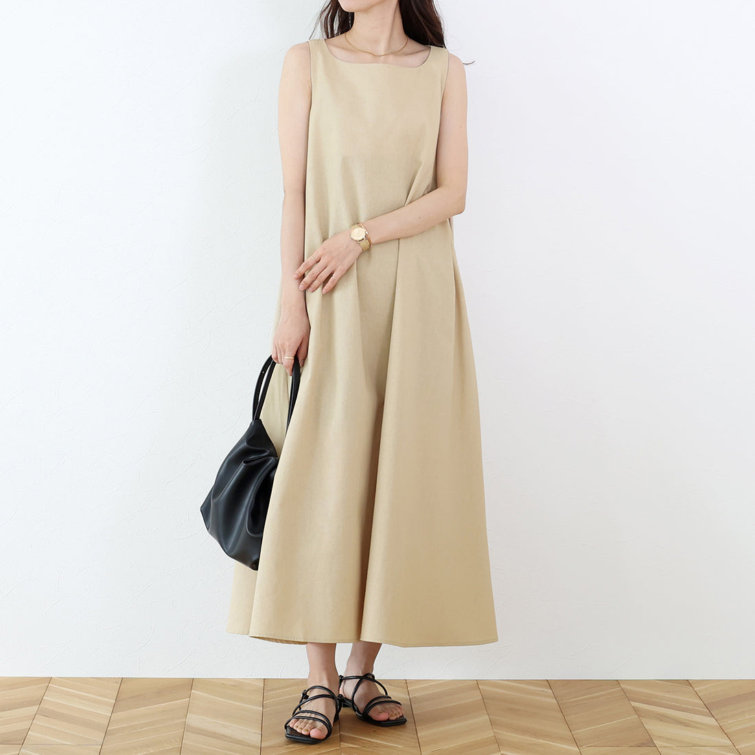 アレッタ ヴィータ Aletta vita コットンリネンタックフレアロングワンピース （ベージュ） ベージュ