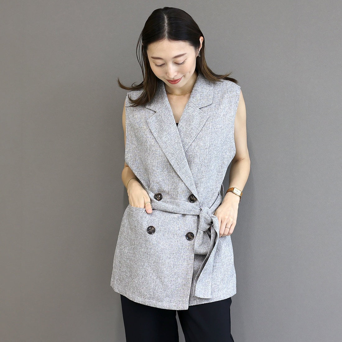 アレッタ ヴィータ Aletta vita ミックスツイードベルト付テーラードベスト （グレー） グレー
