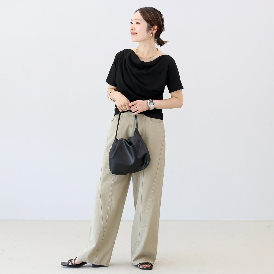 アレッタ ヴィータ Aletta vita T/C天竺ドレープネック半袖プルオーバー （ブラック） ブラック