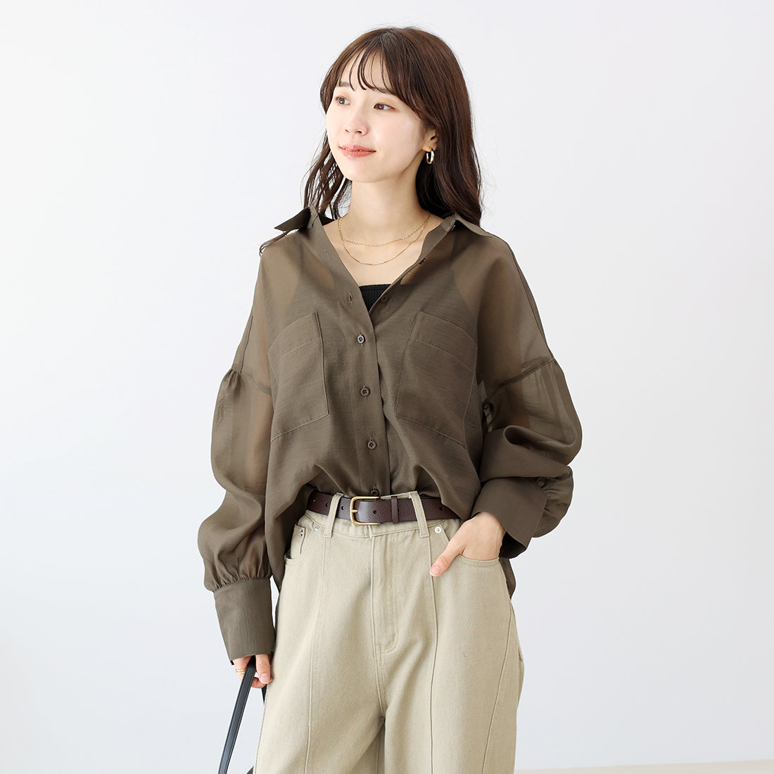 アレッタ ヴィータ Aletta vita 袖ギャザー両ポケシアー長袖シャツ （グレージュ） グレージュ