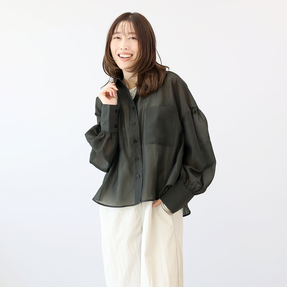 アレッタ ヴィータ Aletta vita 袖ギャザー両ポケシアー長袖シャツ （スミクロ） スミクロ