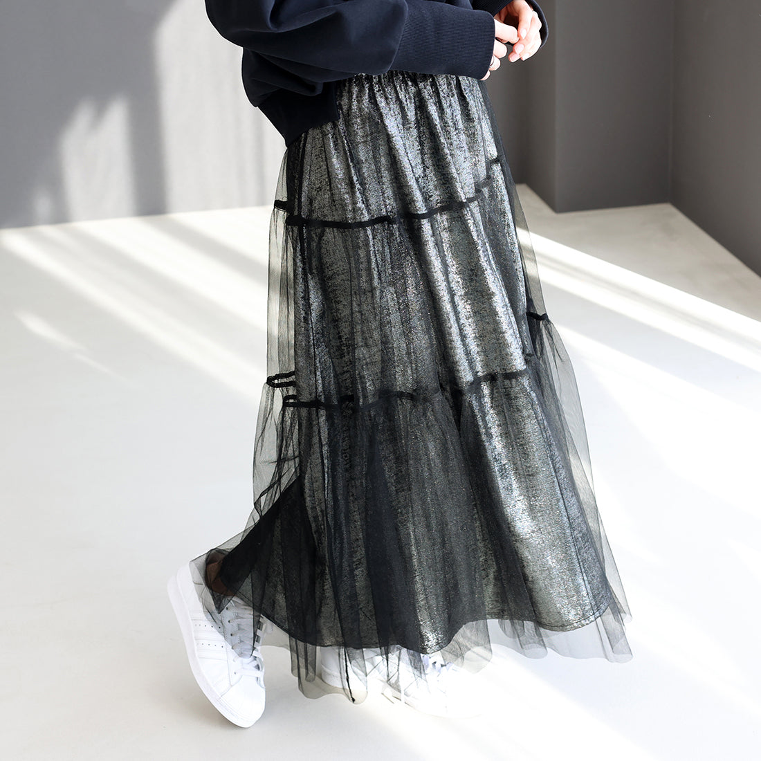 アレッタ ヴィータ Aletta vita メタリックxチュール重ねロングスカート （ブラック） ブラック