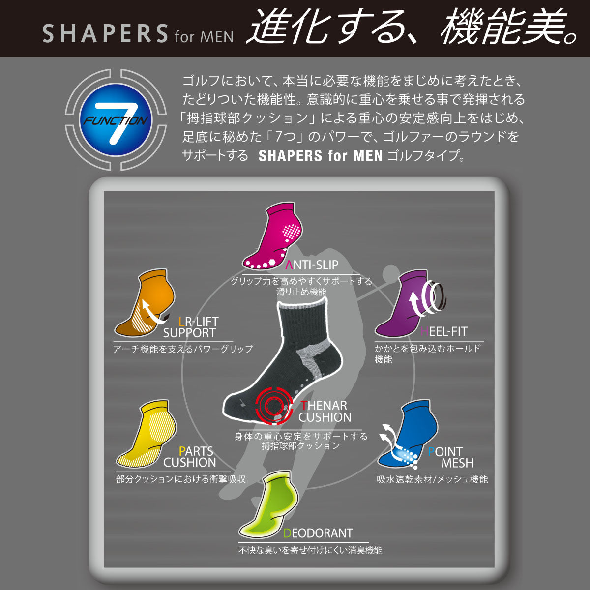 フクスケ fukuske 【SHAPERS（シェーパーズ）】 靴下 ゴルフソックス 無地 部分メッシュ ショート丈 (32883)チャコール900 （チャコール900） チャコール900