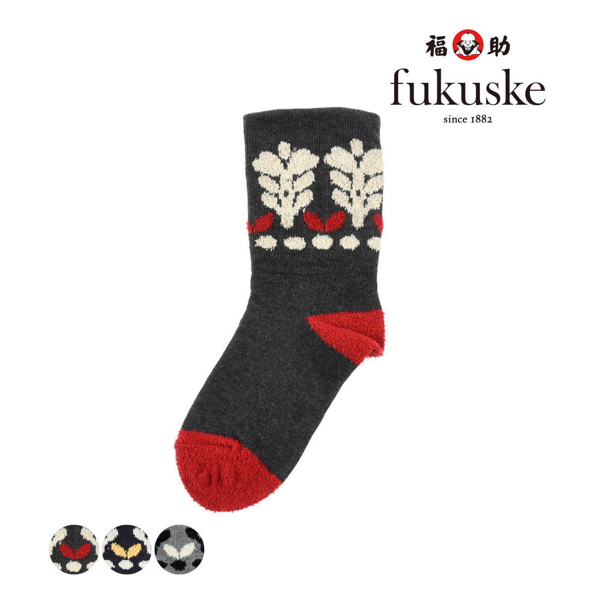 フクスケ fukuske 【fukuske(フクスケ) 】 靴下 The Spirit of mottainai プリント クルー丈 内側シルク(3163-245)モクグレイ960 M （モクグレイ960） モクグレイ960