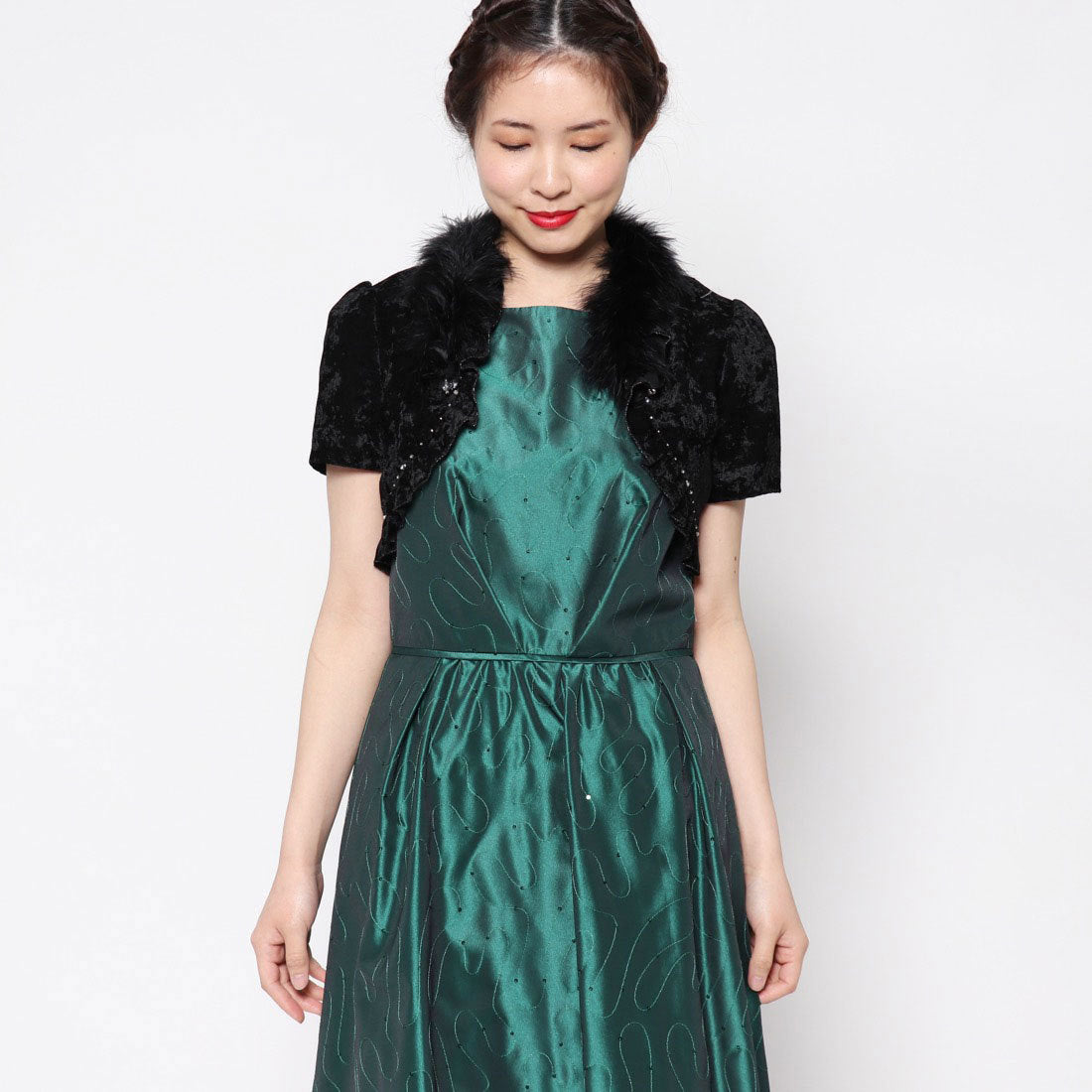 ジュネビビアン Genet Vivien 脱着可能ファー付きベロアボレロ,ブラック