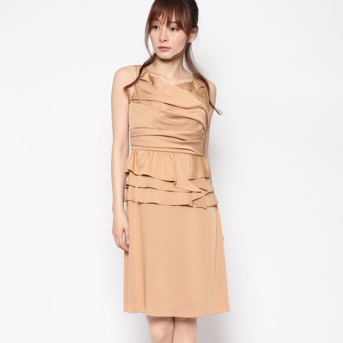 ジュネビビアン Genet Vivien ペプラムタイトドレス,ベージュ