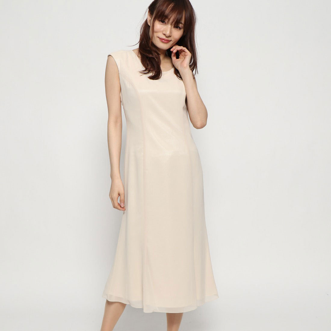 ジュネビビアン Genet Vivien ミモレ丈シフォンドレス,ベージュ