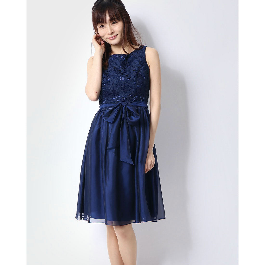 ジュネビビアン Genet Vivien レースサッシュベルトドレス,ネイビー