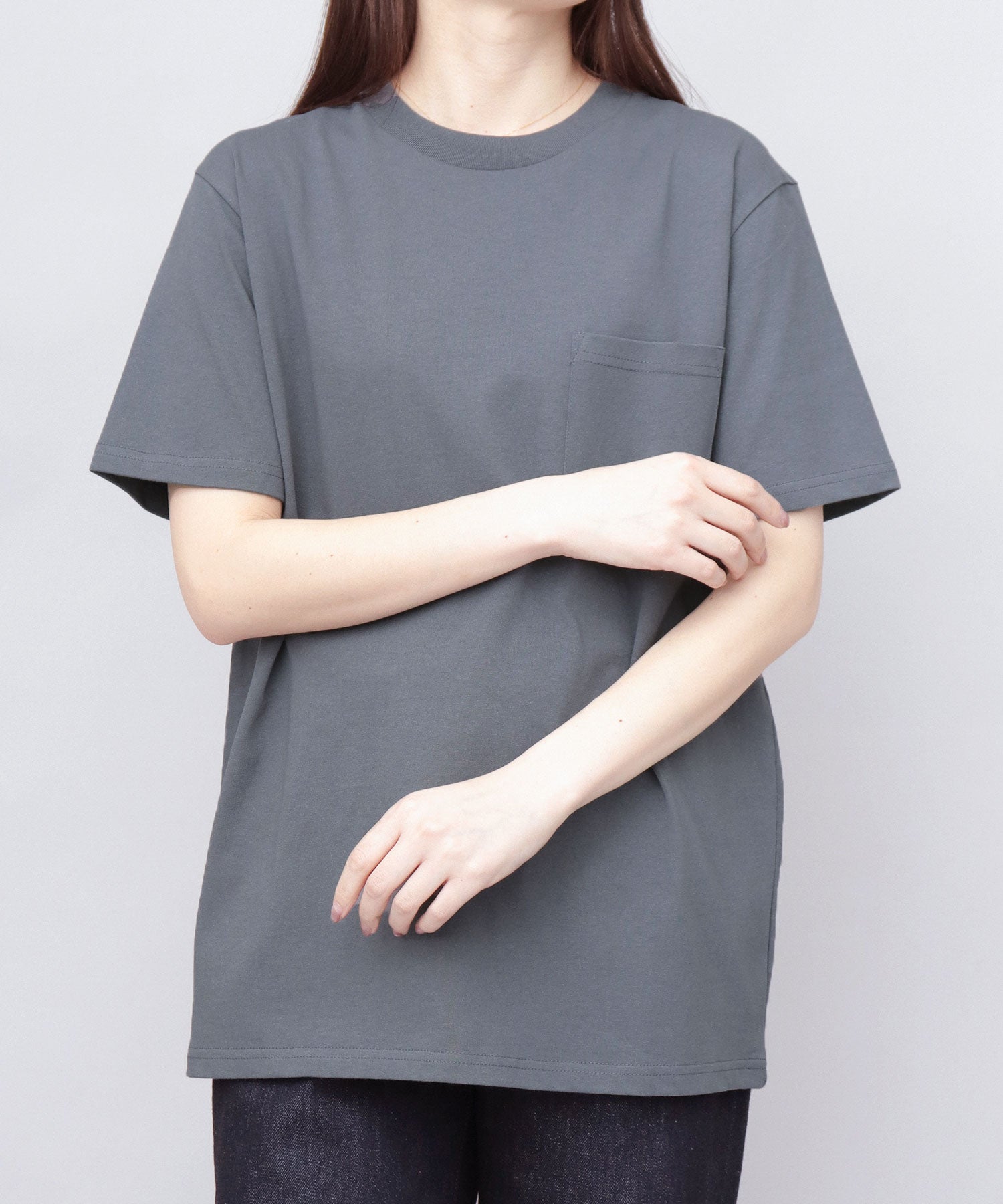 グッドウェア GOODWEAR USAコットン 吸水速乾・接触冷感 袖リブ ポケット付き 半袖 Tシャツ （グレー） グレー