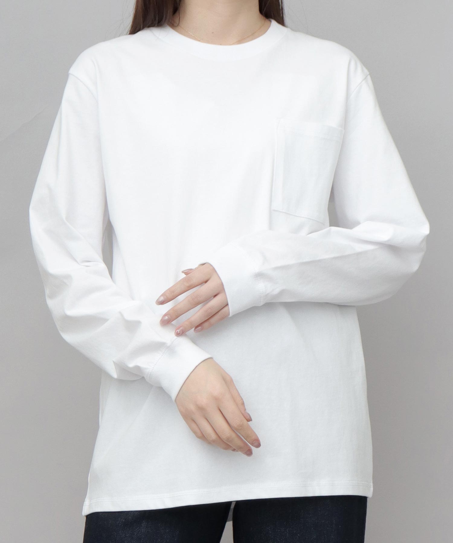 グッドウェア GOODWEAR USAコットン 吸水速乾・接触冷感 袖リブ ポケット付き ロングスリーブ Tシャツ （ホワイト） ホワイト