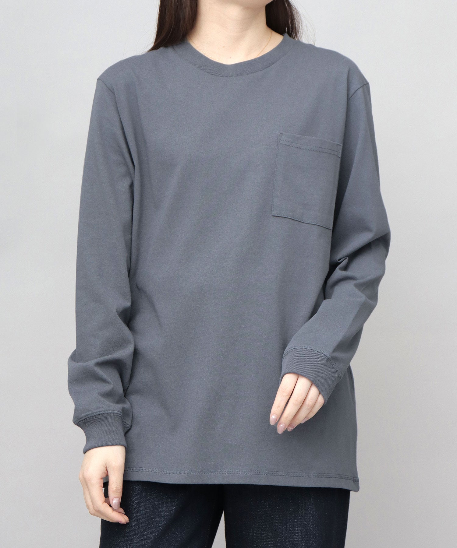 グッドウェア GOODWEAR USAコットン 吸水速乾・接触冷感 袖リブ ポケット付き ロングスリーブ Tシャツ （グレー） グレー