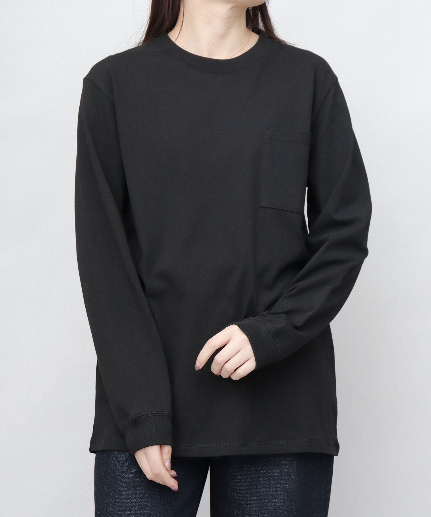 グッドウェア GOODWEAR USAコットン 吸水速乾・接触冷感 袖リブ ポケット付き ロングスリーブ Tシャツ （ブラック） ブラック