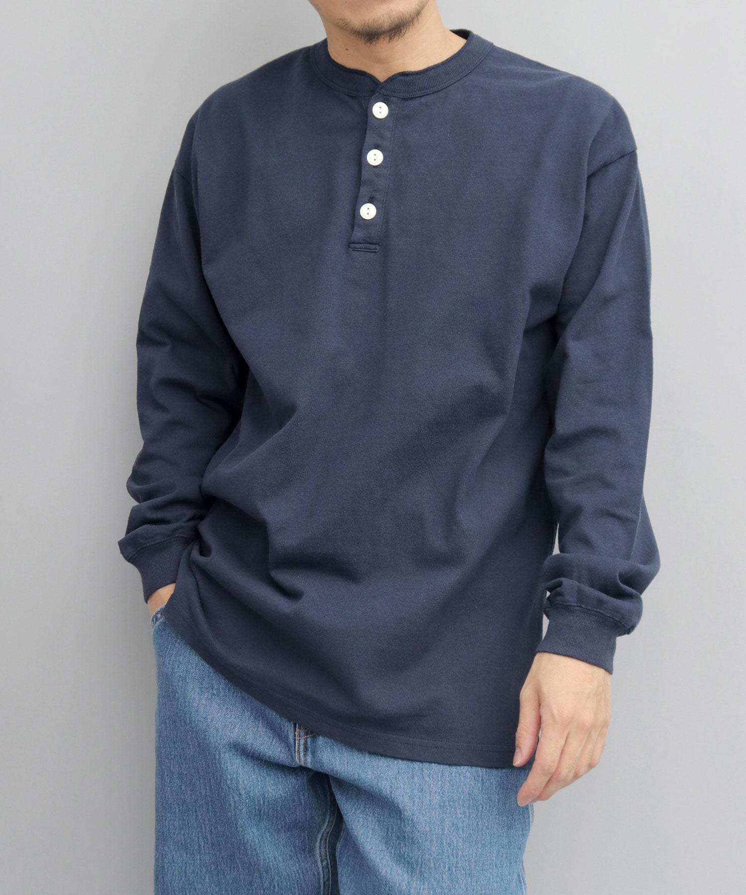 グッドウェア GOODWEAR USAコットン ヘンリーネック ロングスリーブTシャツ ロンT 長袖 レギュラーシルエット （ネイビー） ネイビー
