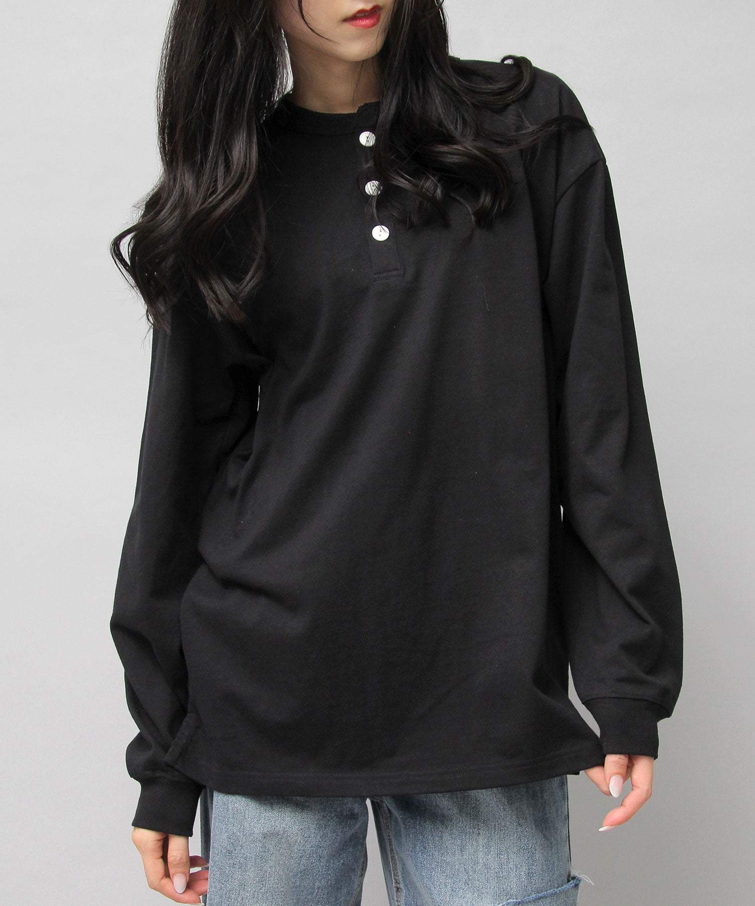 グッドウェア GOODWEAR USAコットン ヘンリーネック ロングスリーブTシャツ ロンT 長袖 レギュラーシルエット （ブラック） ブラック