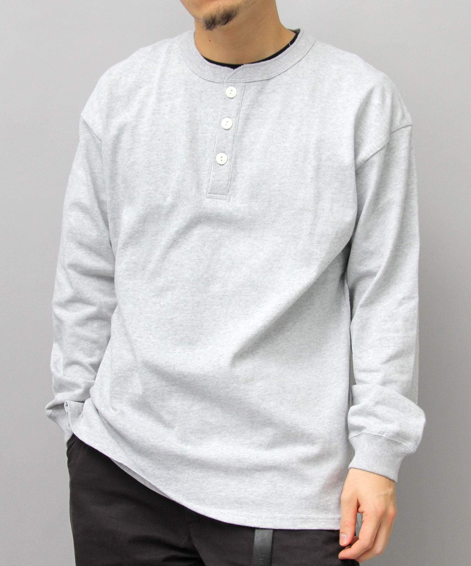 グッドウェア GOODWEAR USAコットン ヘンリーネック ロングスリーブTシャツ ロンT 長袖 レギュラーシルエット （杢グレー） 杢グレー