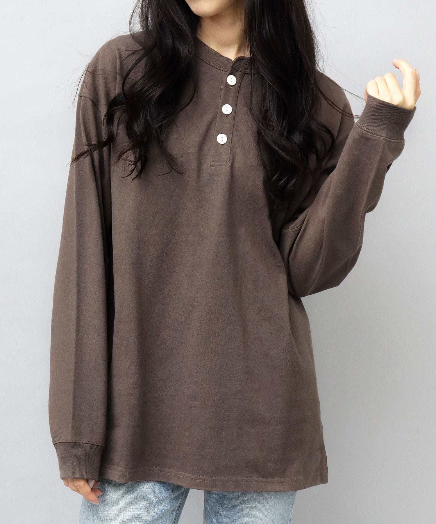 グッドウェア GOODWEAR USAコットン ヘンリーネック ロングスリーブTシャツ ロンT 長袖 レギュラーシルエット （カーキブラウン） カーキブラウン